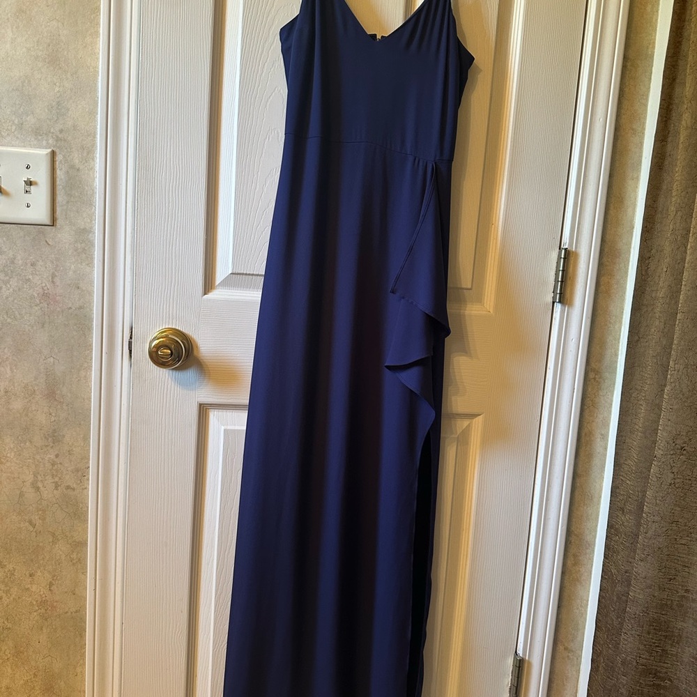 Express Navy V-Neck Maxi Dress with Side Ruffle